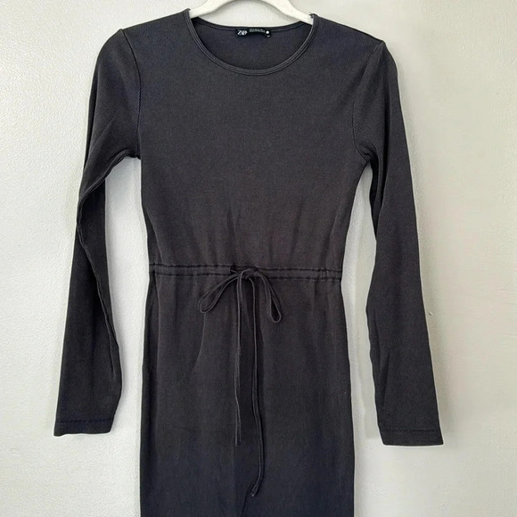 Zara Ribbed Tie Waist Bodycon Midi Dress - Picture 2 of 9